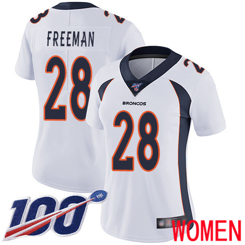 Women Denver Broncos #28 Royce Freeman White Vapor Untouchable Limited Player 100th Season Football NFL Jersey
